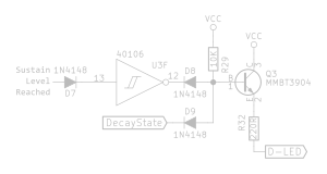 Logic for the Decay LED comprised of diode, inverter, and discrete and gate made of diodes and resistor