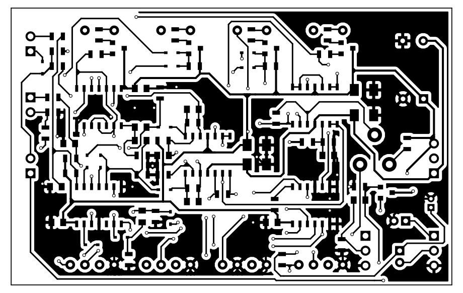 Black on white view of the bottom copper layer of the PCB