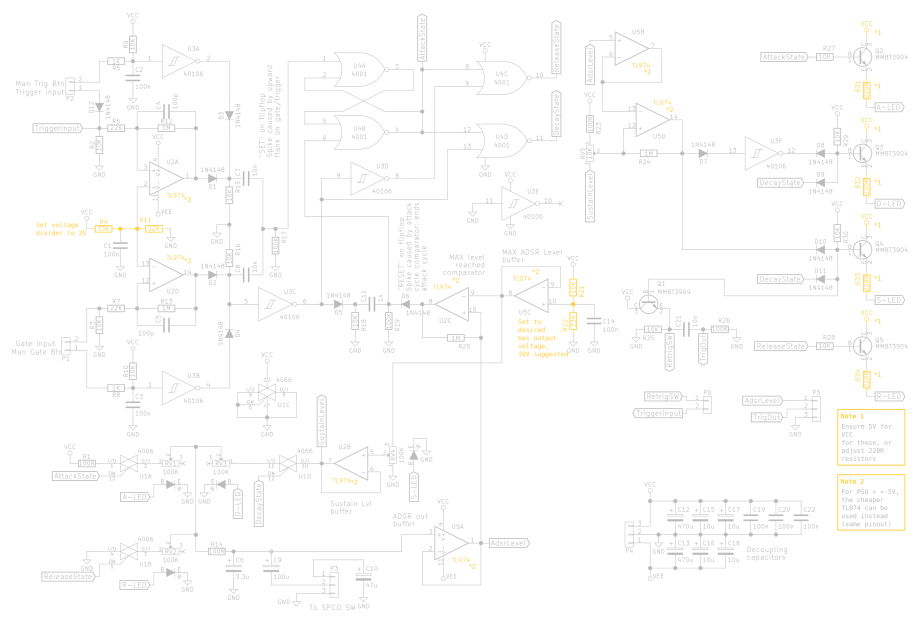 The complete circuit, with pointing out components that need value changes when using a different supply voltage
