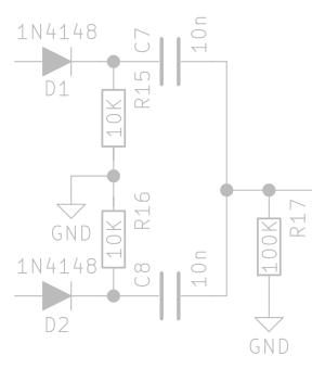 Resistors and capacitors forming the flank to pulse converter circuit