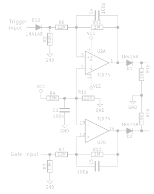 Opamps U2A, U2D and surrounding circuity, forming the Gate and Trigge rinputs