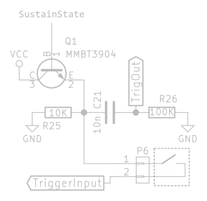 Circuit: Transistor buffer, resistors + capacitor forming flank to pulse converter, and a switch