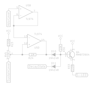 An opamp buffer, opamp comparator with trimpot for adjusting, and diode-based discrete logic circuit.